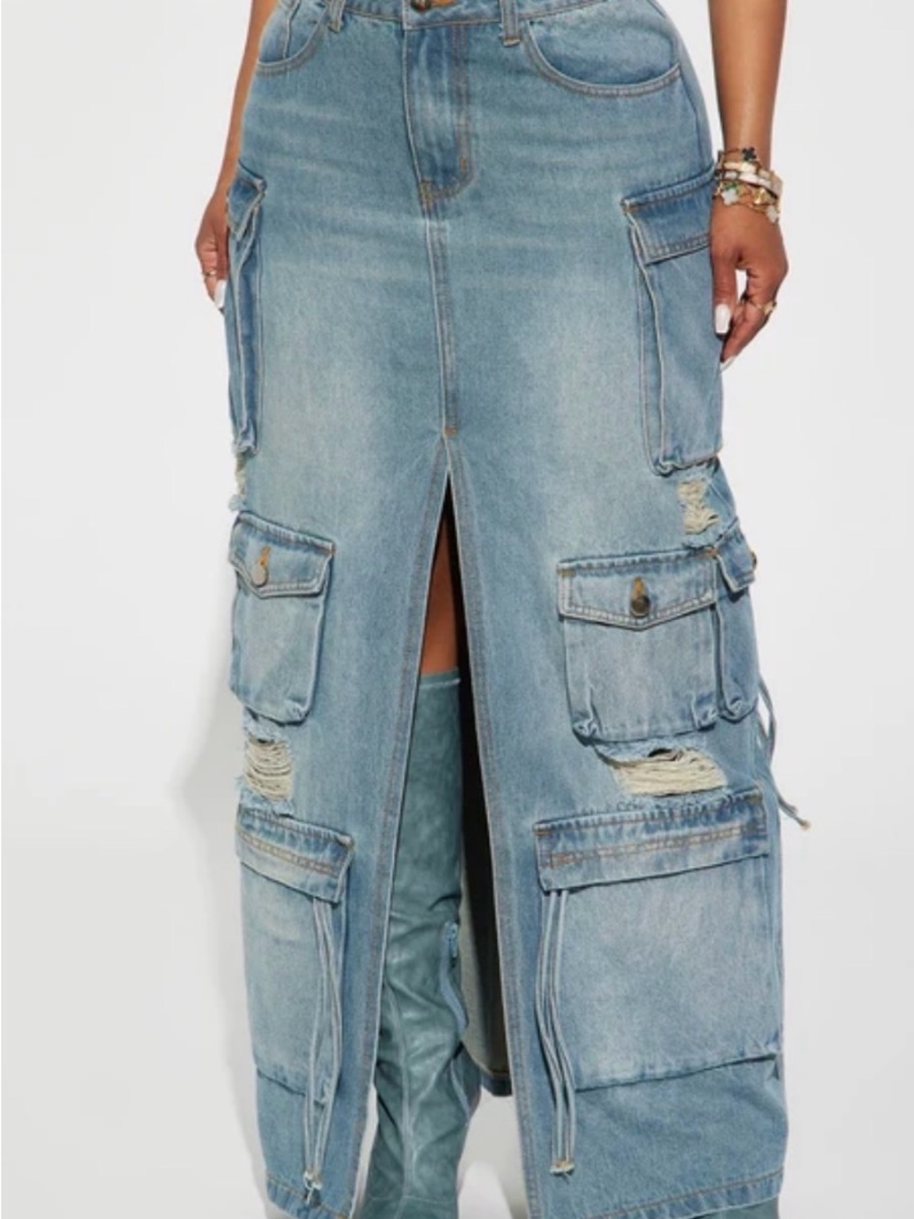 Fashion Nova Light Blue Distressed Cargo Denim Maxi Skirt with Center Slit 1X